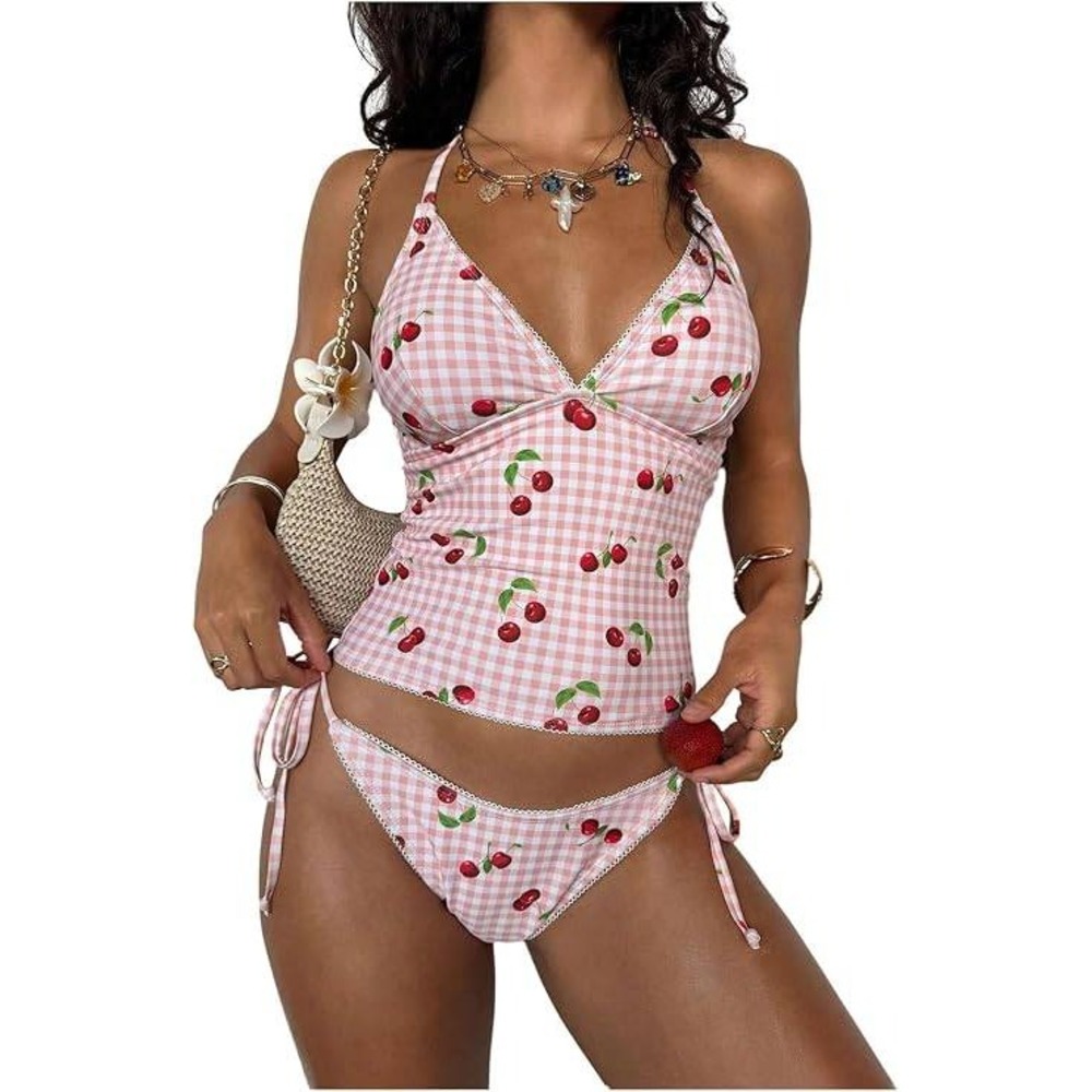 Zaful Pink Plaid Cherry Print Halter V Neck Tummy Control Tankini Set Small NWOT